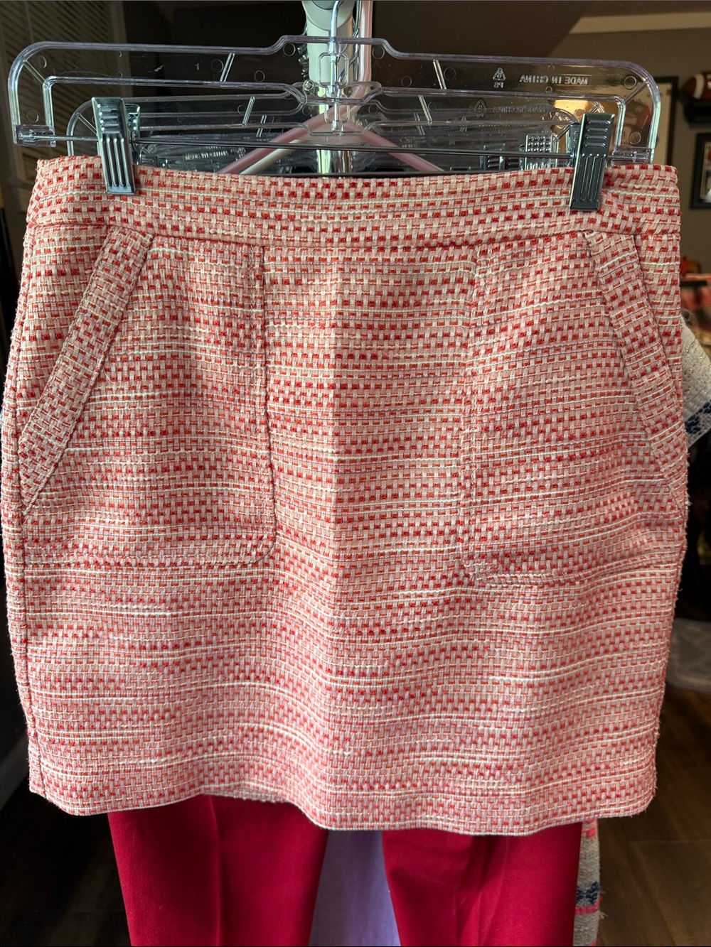 LOFT Coral and Cream Tweed Mini Skirt with Patch Pockets